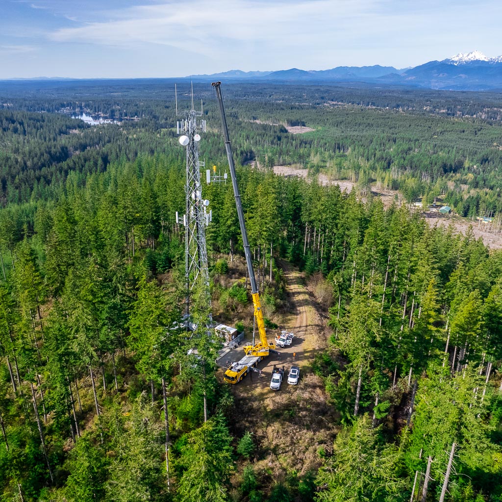 An overhead view of the Bremerton Cell tower being fixed by Omega Morgan’s Crane Crew.