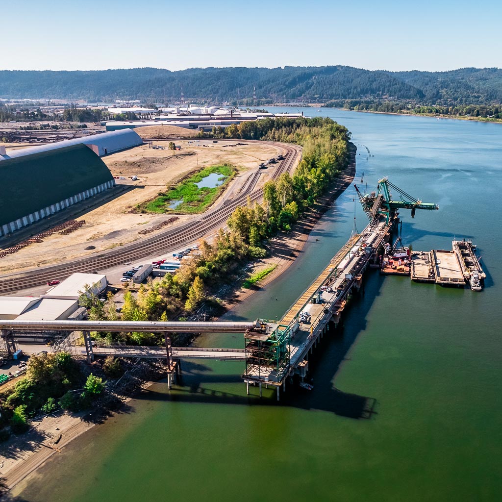 An overhead image of Terminal 5 in Portland, Oregon as Omega Morgan prepares to fix the ship loader so vessels can be loaded again.