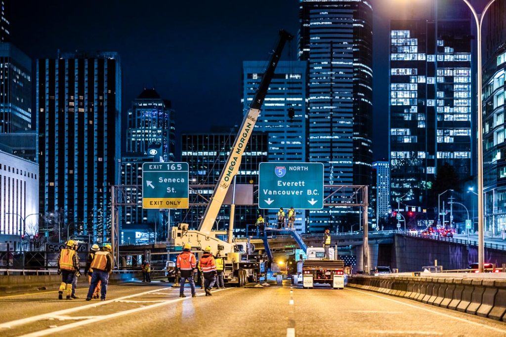 A beautiful night time view of Seattle with the Omega Morgan Crane team wrapping up their highway infrastructure project.