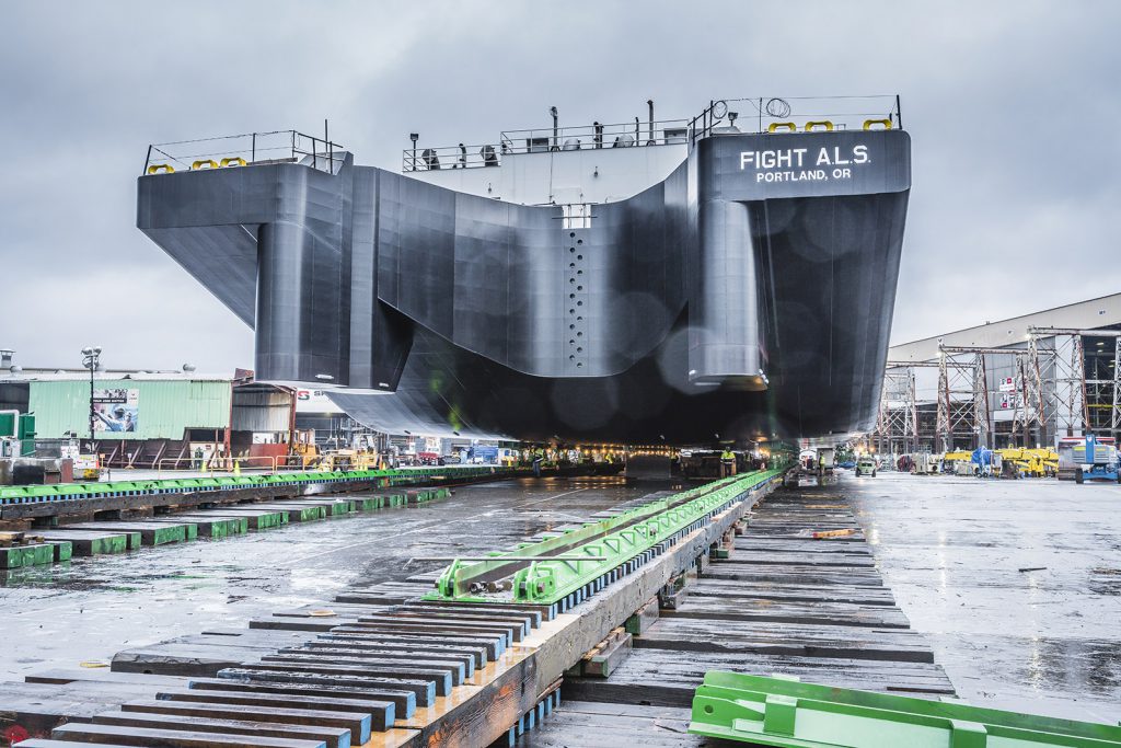 Moving 4,000 ton barge utilizing Omega Morgan heavy slide system