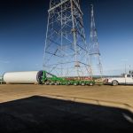 Omega Morgan’s double Schnabel trailer prepares for the transport of a massive wind energy component