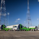 Omega Morgan’s specialized transportation team and double Schnabel trailers prepare to transport wind energy components from the Port of Vancouver to Arlington, OR.